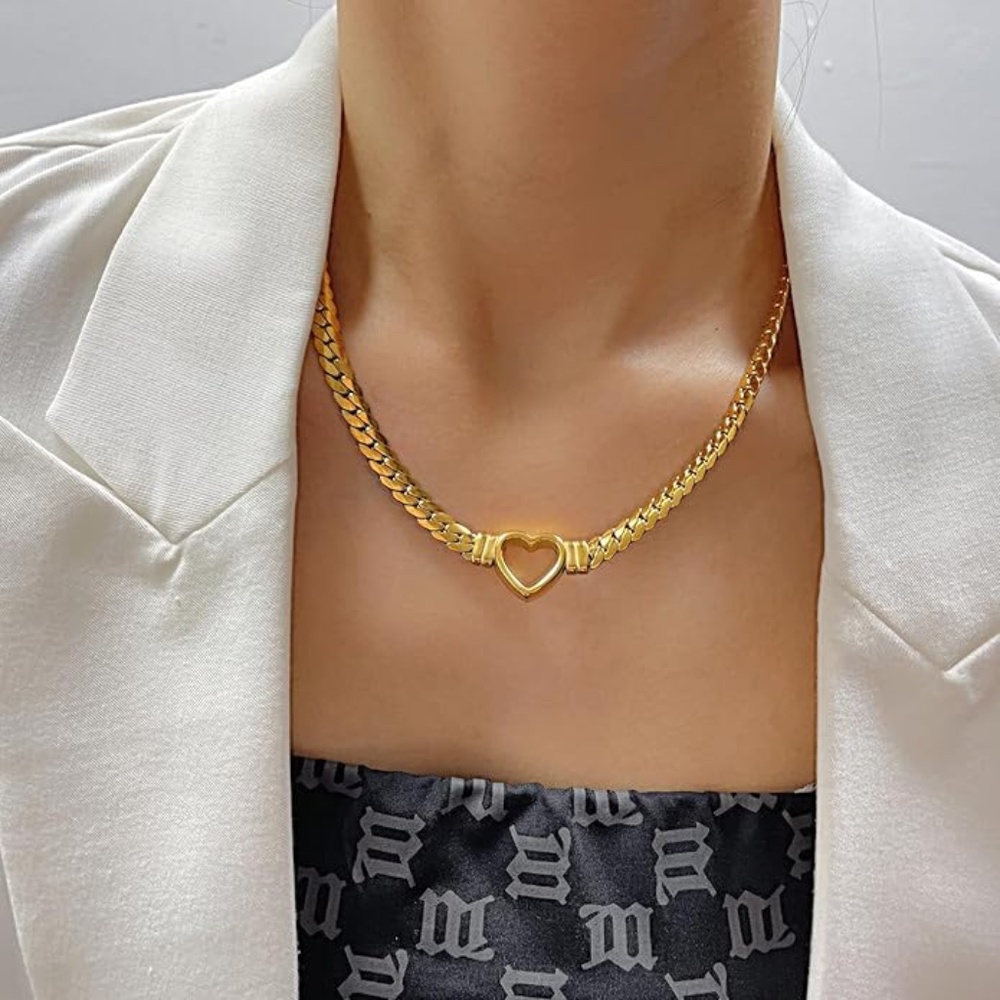 Cuban Lknk Chain 18K Gold Plated Heart Stainless Steel Love Necklace - Picture 6 of 7